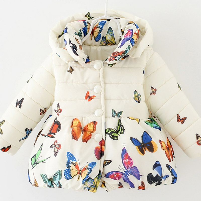 Tjejer Hooded Cotton Jacka Butterfly Print Vadderad