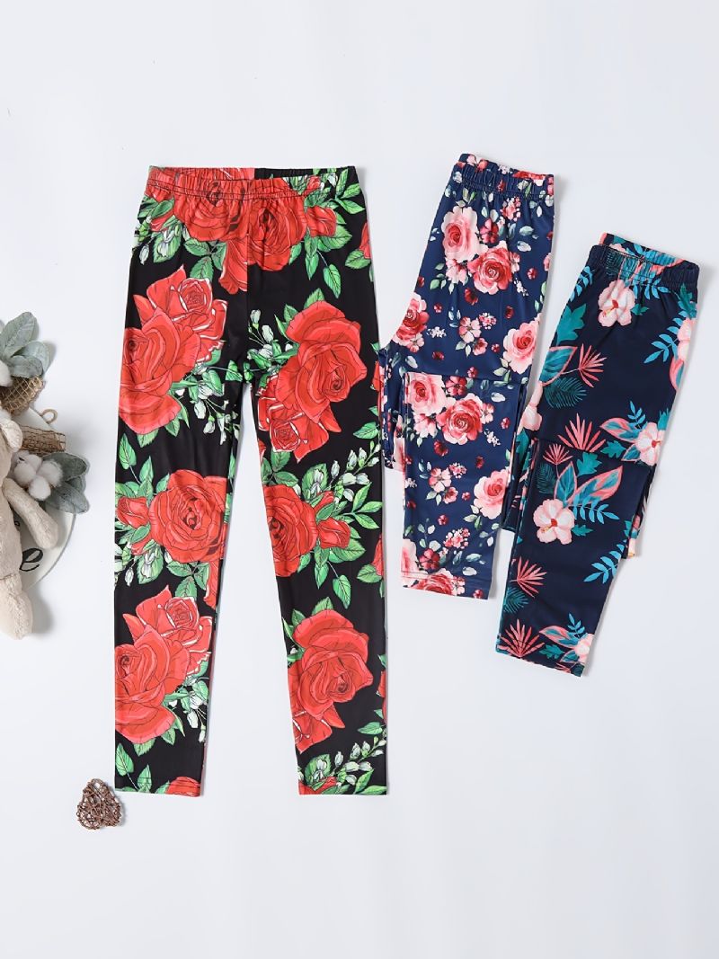 3st Flickor Casual Vintage Flower Print Leggings För Vintern