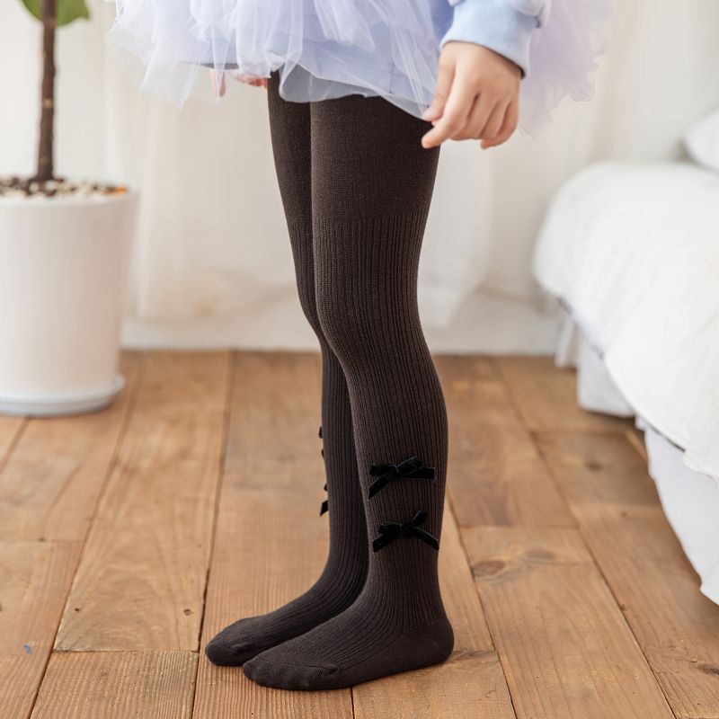 Flickor Enfärgad Stickad Tights Leggings Strumpor Dubbel Rosett Dekor Mjuk Varm Strumpbyxa