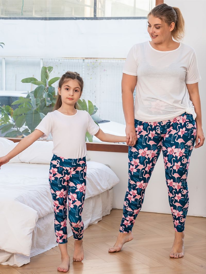 Höst Vinter Flickor Mode Blommor Rosa Flamingo Tryckt High Elasticity Leggings