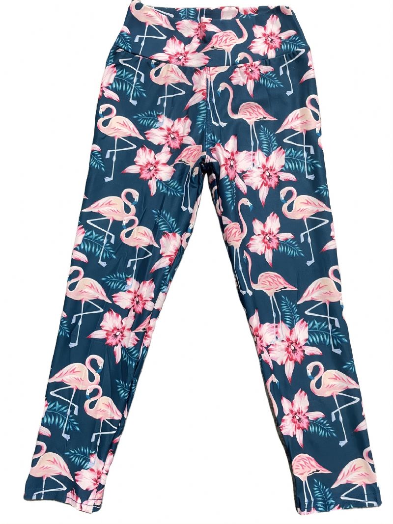 Höst Vinter Flickor Mode Blommor Rosa Flamingo Tryckt High Elasticity Leggings