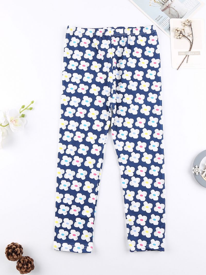 Tjejer Casual Söt Blommig Print Stretchiga Leggings För Winter Azure