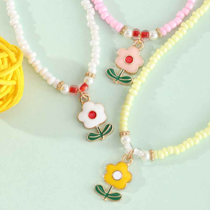 3st Barn Flickor Blomma Hänge Ris Pärlor Pärlstav Halsband Set