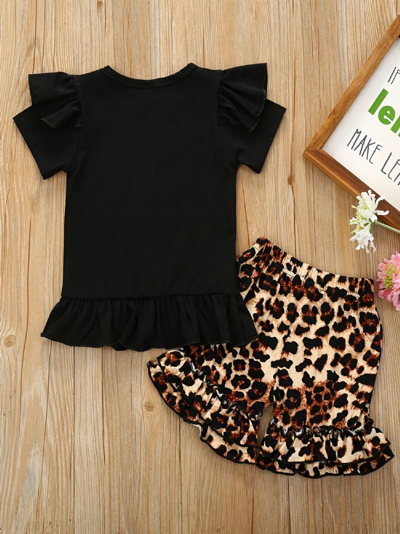 2st Flickor Letter Print Kortärmad Skjorta Top Leopard Shorts Set Kläder