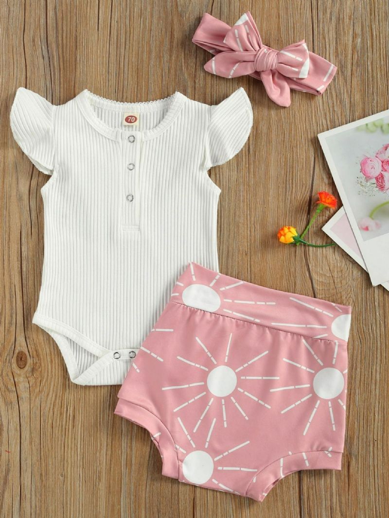 3 St Bow Bebis Flickor Kortärmad Romper & Sun Print Shorts