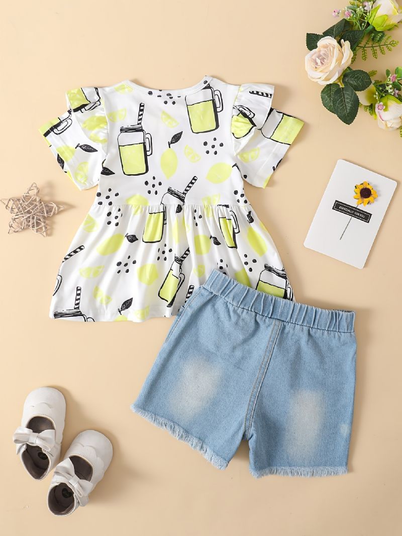 Bebis Flickor Citrontryck Flying Sleeve Kortärmad Top & Denim Shorts Set Sommar Outfit Barnkläder