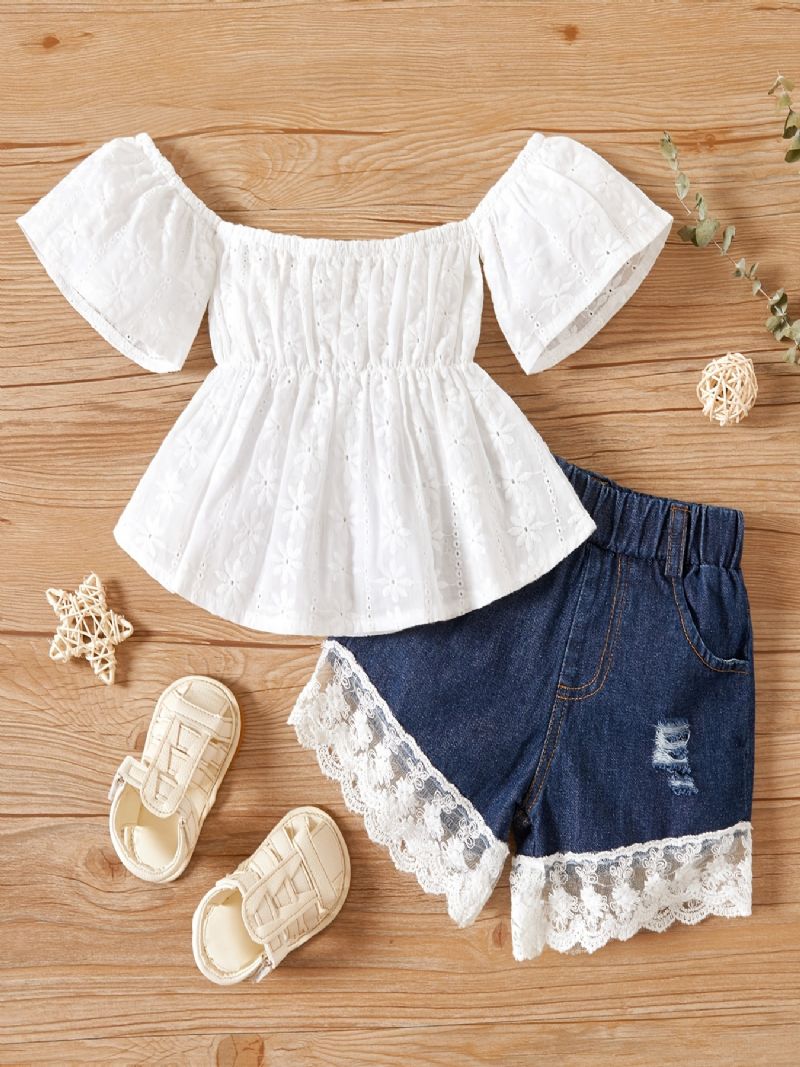 Bebis Flickor Off Shoulder Spets Top + Denim Shorts Bebiskläder