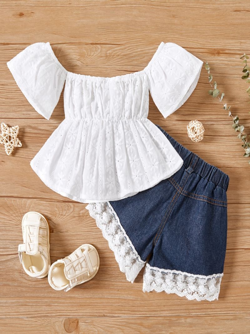 Bebis Flickor Off Shoulder Spets Top + Denim Shorts Bebiskläder