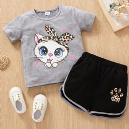 Bebis Flickor Tecknad Big Eye Cat Print T-shirt Top & Cat Paw Leopard Shorts Set Sommar Outfit Barn Kläder