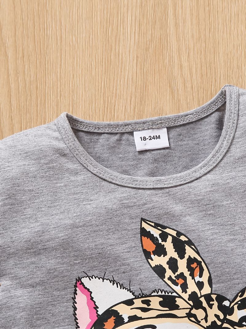 Bebis Flickor Tecknad Big Eye Cat Print T-shirt Top & Cat Paw Leopard Shorts Set Sommar Outfit Barn Kläder