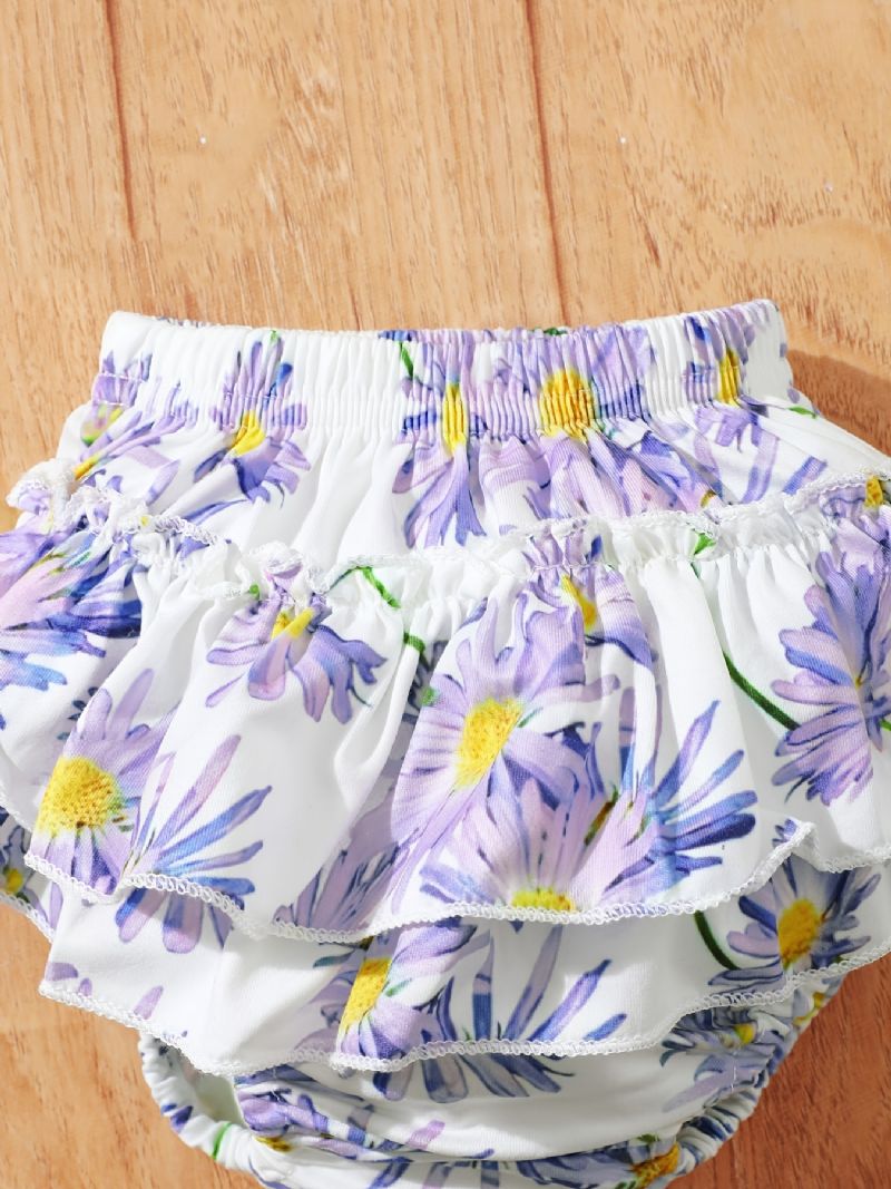 Bebisflickor Med Volanger Med Rund Hals + Blommigt Tryck Underdelar Shorts + Pannbandset Bebiskläder Bodysuit Onesie