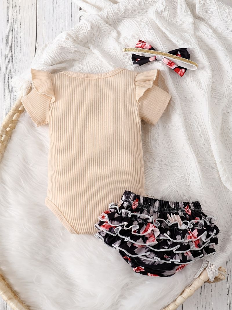 Bebisflickor Med Volanger Med Rund Hals + Blommigt Tryck Underdelar Shorts + Pannbandset Bebiskläder Bodysuit Onesie