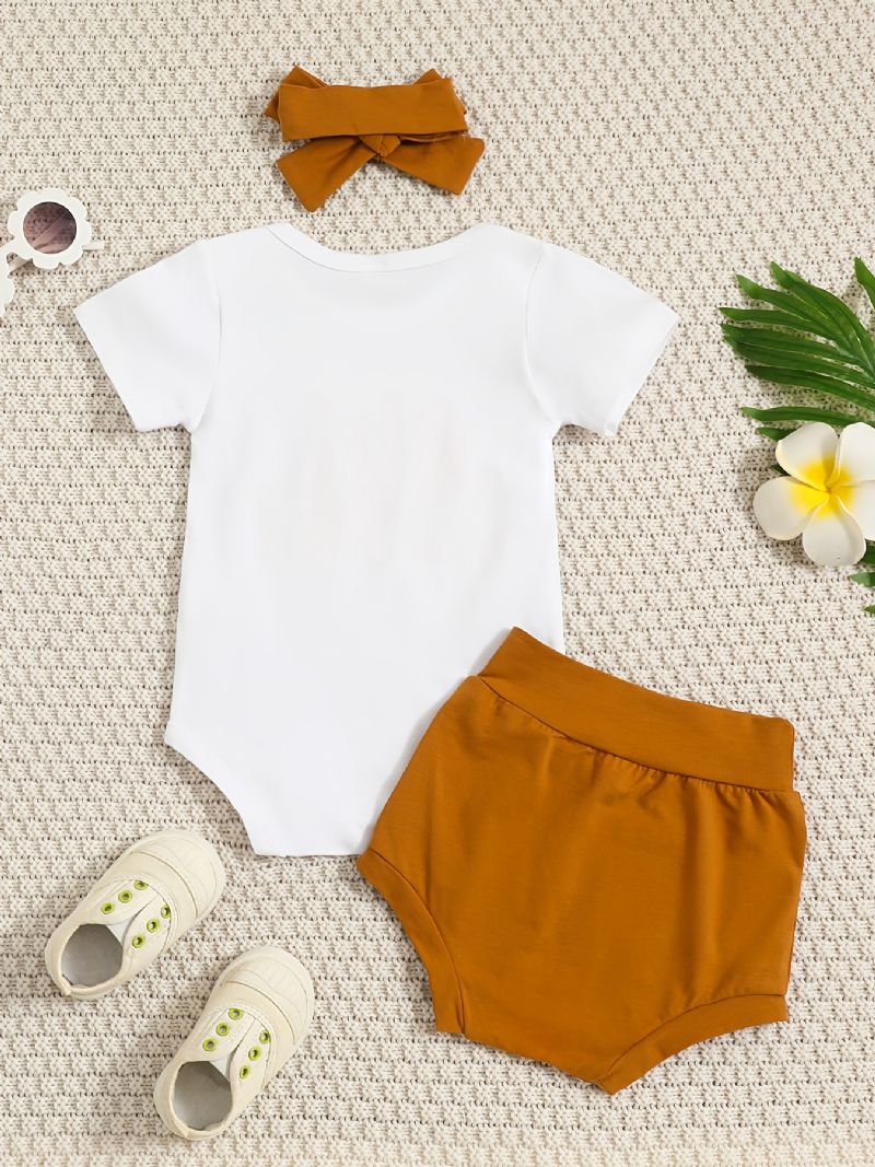 Bokstavstryck För Spädbarn Romper Kortärmad Rundhalsad Body & Solid Shorts & Pannband Set För Bebis Flickor Småbarnskläder
