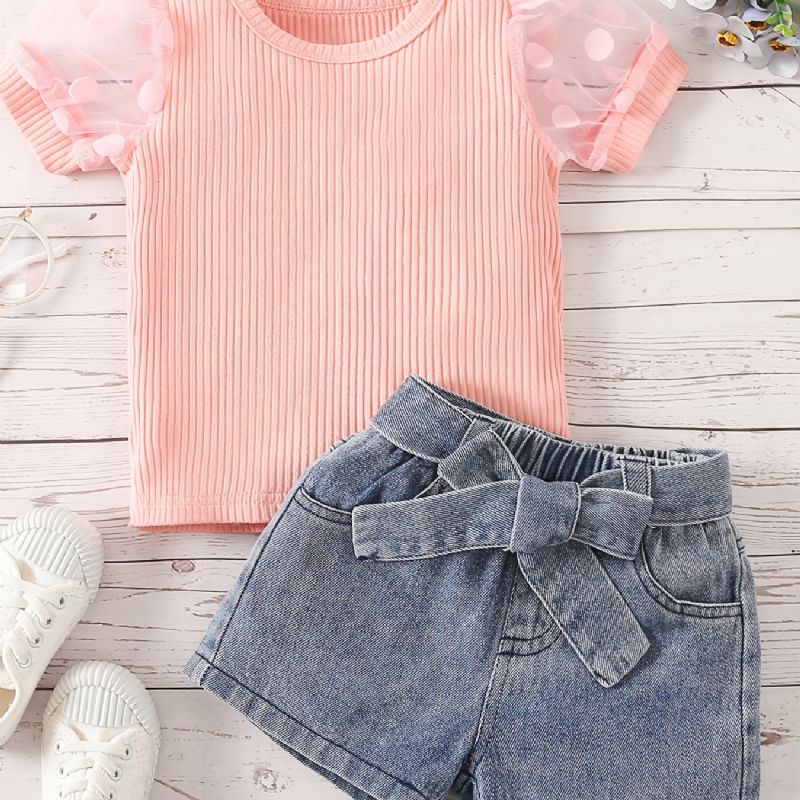 Flickor Casual Ribbed Mesh Puff Sleeve Top & Bow Bälte Jeansshorts