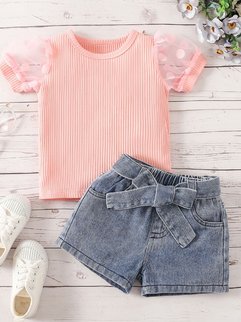 Flickor Casual Ribbed Mesh Puff Sleeve Top & Bow Bälte Jeansshorts