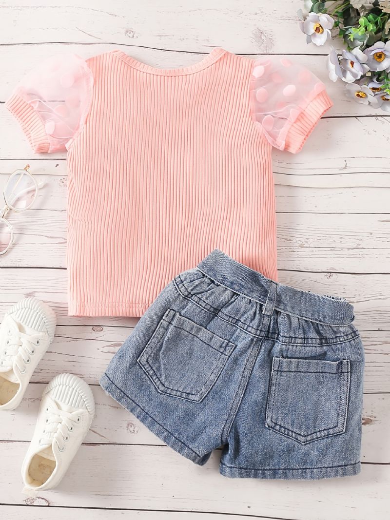 Flickor Casual Ribbed Mesh Puff Sleeve Top & Bow Bälte Jeansshorts