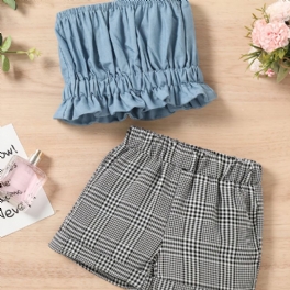 Flickors Nya Enfärgade Bralette Top&plaid Shorts Kostym