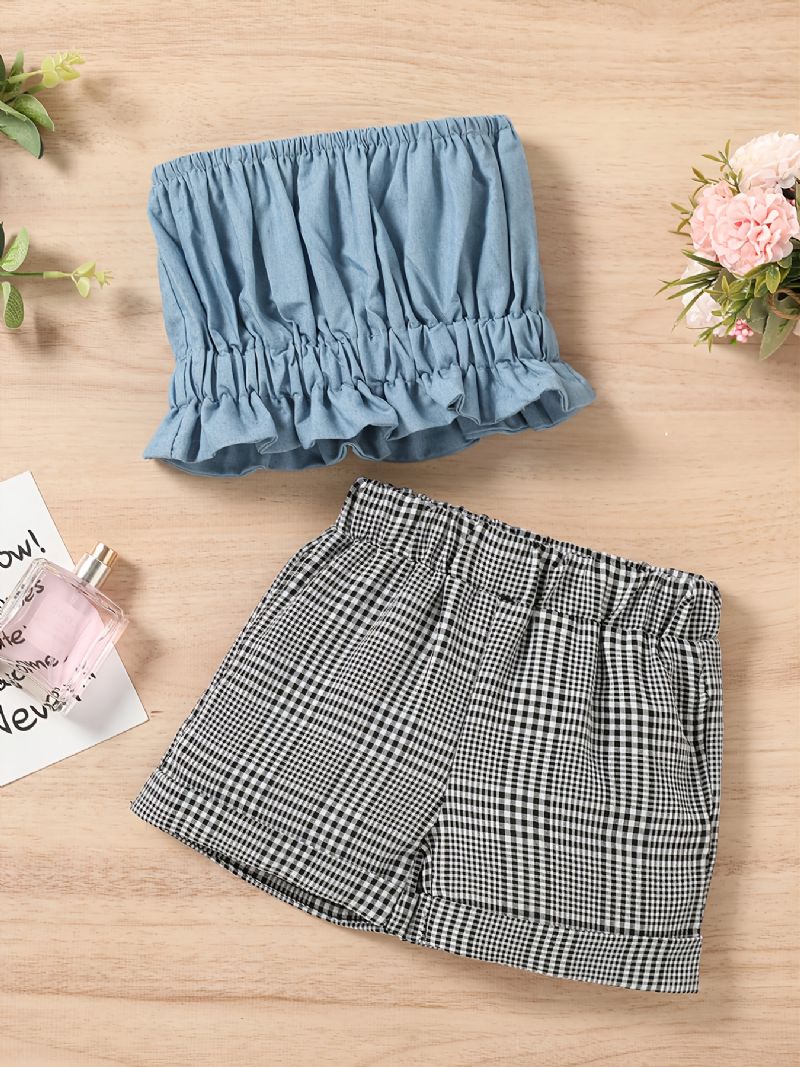 Flickors Nya Enfärgade Bralette Top&plaid Shorts Kostym