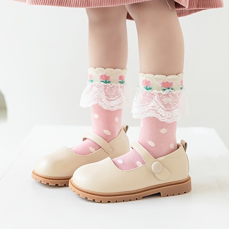 3 Par Barn Flickor Spets Strawberry Cotton Crew Strumpor