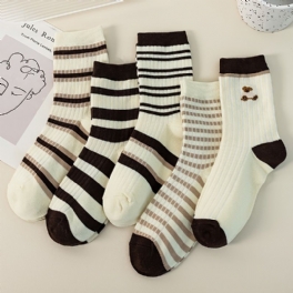 5 Par Barnstrumpor Cartoon Bear Print Stripes Crew Socks För Pojkar Flickor