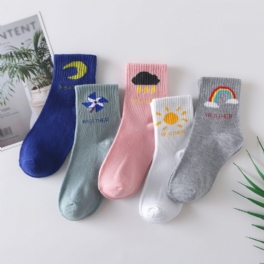 5 Par Flickor Weather Icons Mönster Cotton Crew Socks Barnstrumpor