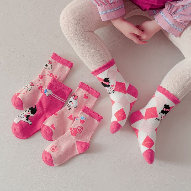 5 Par Flickstrumpor Cartoon Argyle Pink Cotton Crew Socks Barnstrumpor
