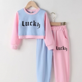 2st Bebis Flickor Letter Print Crop Pullover Rund Neck Långärmad Color Block Sweatshirt & Byx Set Barnkläder