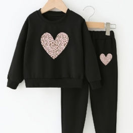 2st Bebis Flickor Pullover Rund Neck Långärmad Hjärttryck Sweatshirt & Byx Set Barnkläder
