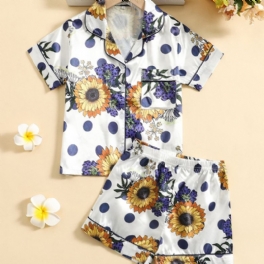 2st Flickor Sunflower Print Button Front Top Korta Byxor Satin Loungewear