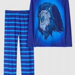 2st Pojkar Söt Tecknad Lion Print Pyjamas Set Med Långärmade Toppar & Randiga Byxor Blå