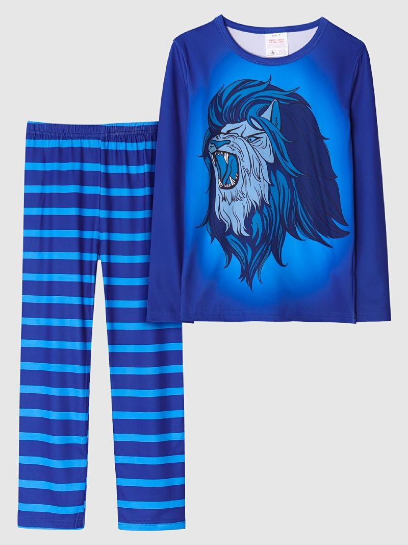 2st Pojkar Söt Tecknad Lion Print Pyjamas Set Med Långärmade Toppar & Randiga Byxor Blå