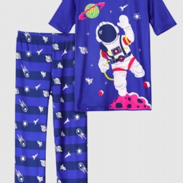 Barns Pyjamas För Pojkar Blå Astronauttryck Rundhalsad Kortärmad Topp & Byxor Barnklädeset