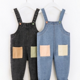 Bebis Pojkar Casual Vintage Denim Hängselbyxor Med Sömmar Fickor För Vintern