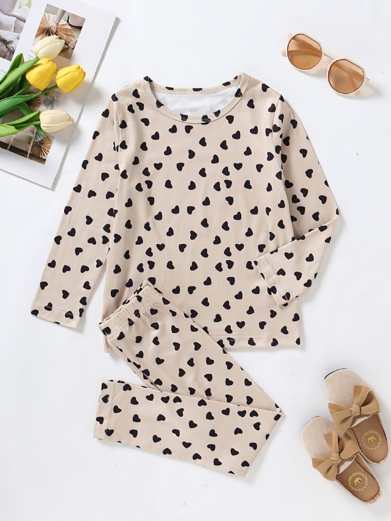 Flickor Lounge Wear Homewear Långärmad Topp & Matchande Byxor Med Hjärttryck