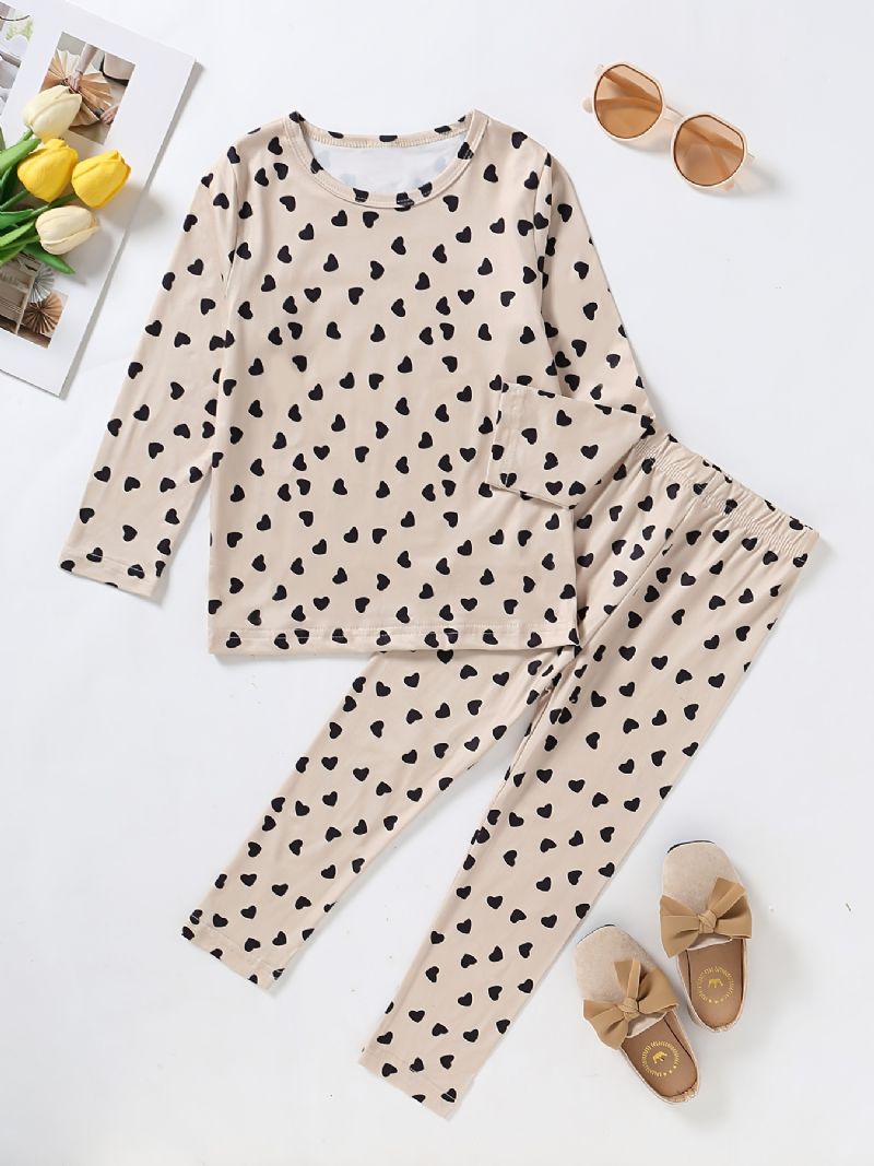 Flickor Lounge Wear Homewear Långärmad Topp & Matchande Byxor Med Hjärttryck