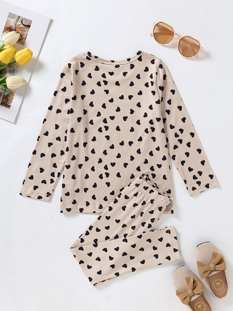 Flickor Lounge Wear Homewear Långärmad Topp & Matchande Byxor Med Hjärttryck