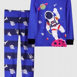 Pojkar Casual Blå Tecknad Pyjamasset Med Astronauttryck Långärmad T-shirt Och Randiga Byxor