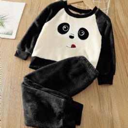 Pojkar Fleece Panda Broderad Långärmad Topp + Byxor Barnkläder För Vintern