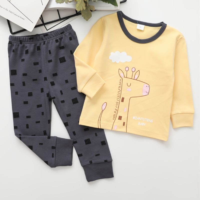 Pojkar Giraffe Print Rund Hals Långärmad Byxor Pyjamas Set