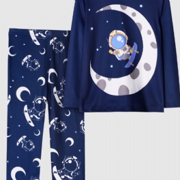 Pojkar Pyjamas Moon Astronaut Print Rund Hals Långärmad Topp & Byxor Set