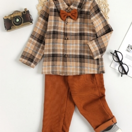 Pojkar Vintage Bow Corduroy Rutig Skjorta & Solida Byxor För Fest