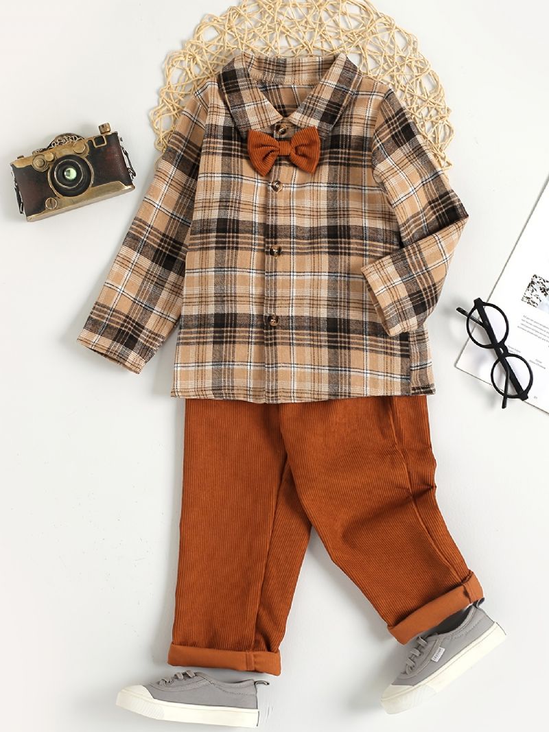 Pojkar Vintage Bow Corduroy Rutig Skjorta & Solida Byxor För Fest