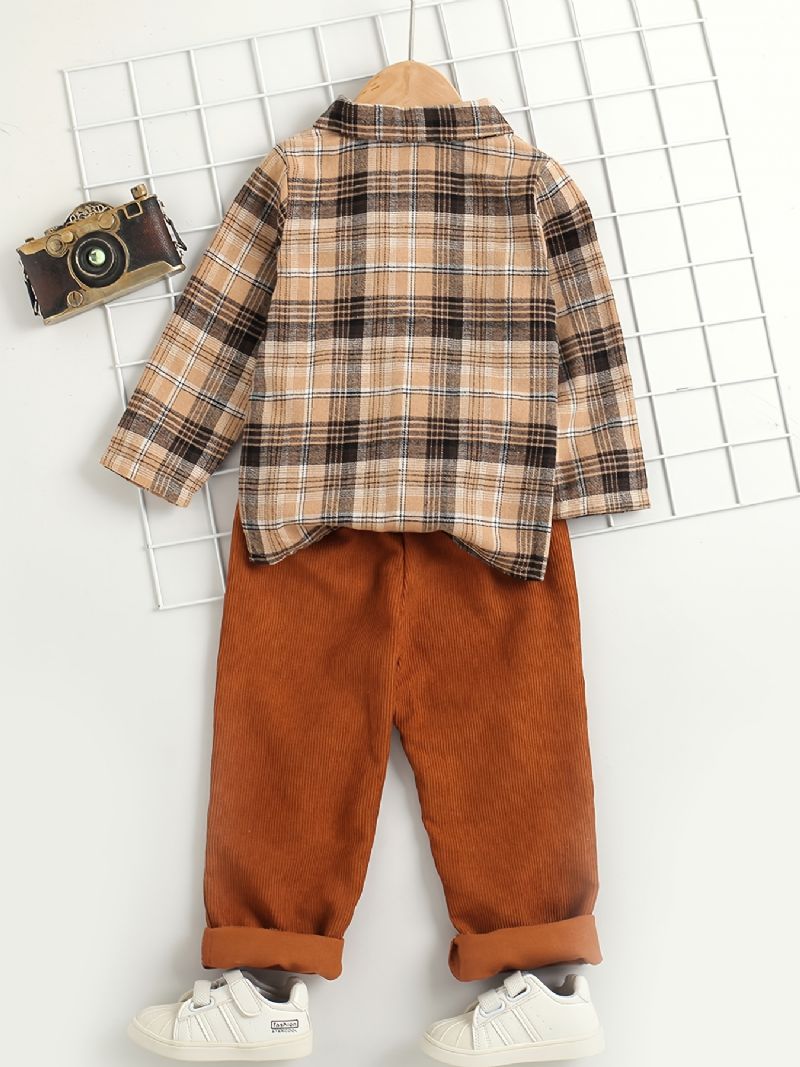 Pojkar Vintage Bow Corduroy Rutig Skjorta & Solida Byxor För Fest