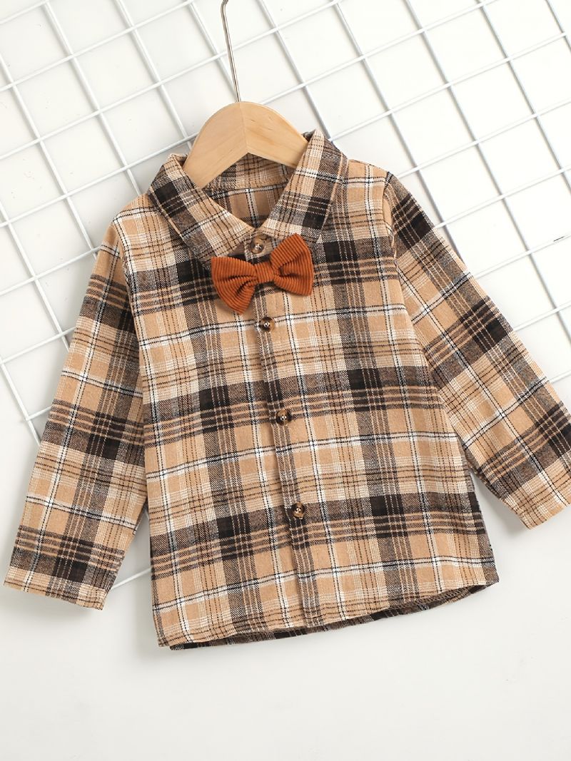 Pojkar Vintage Bow Corduroy Rutig Skjorta & Solida Byxor För Fest