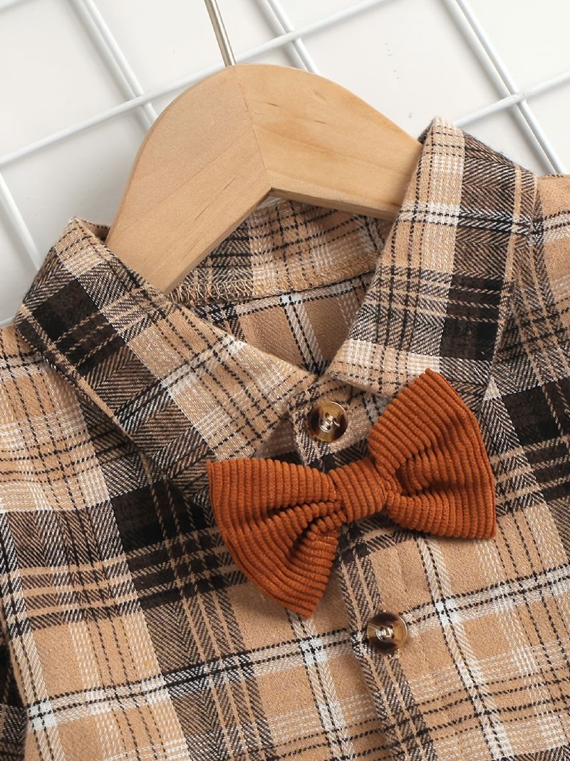 Pojkar Vintage Bow Corduroy Rutig Skjorta & Solida Byxor För Fest